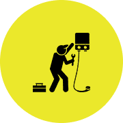 Technician repairing appliance with wrench icon.